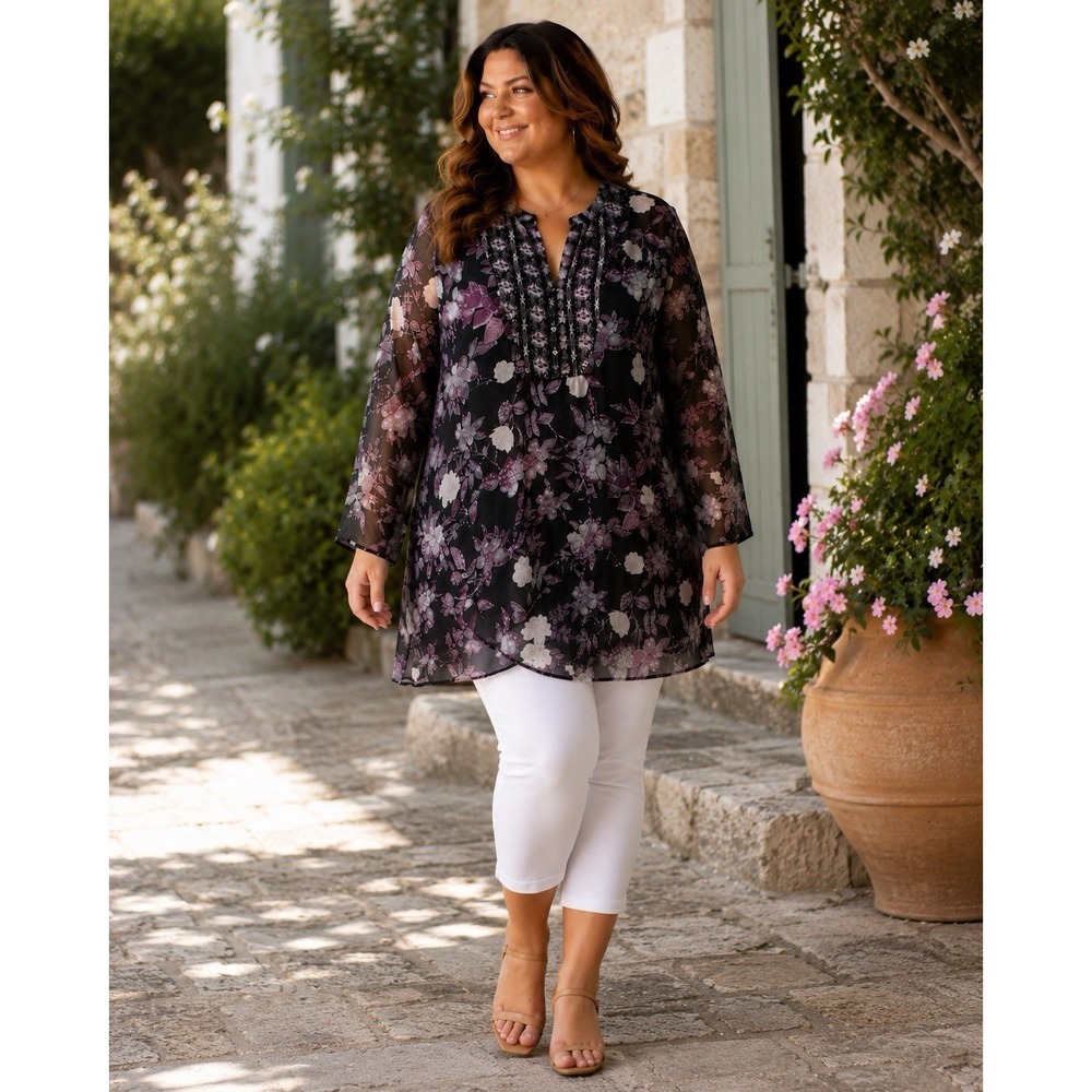 Serengeti 3X Sheer Floral Tunic Blouse Black Purple Boho Peasant Top RR20